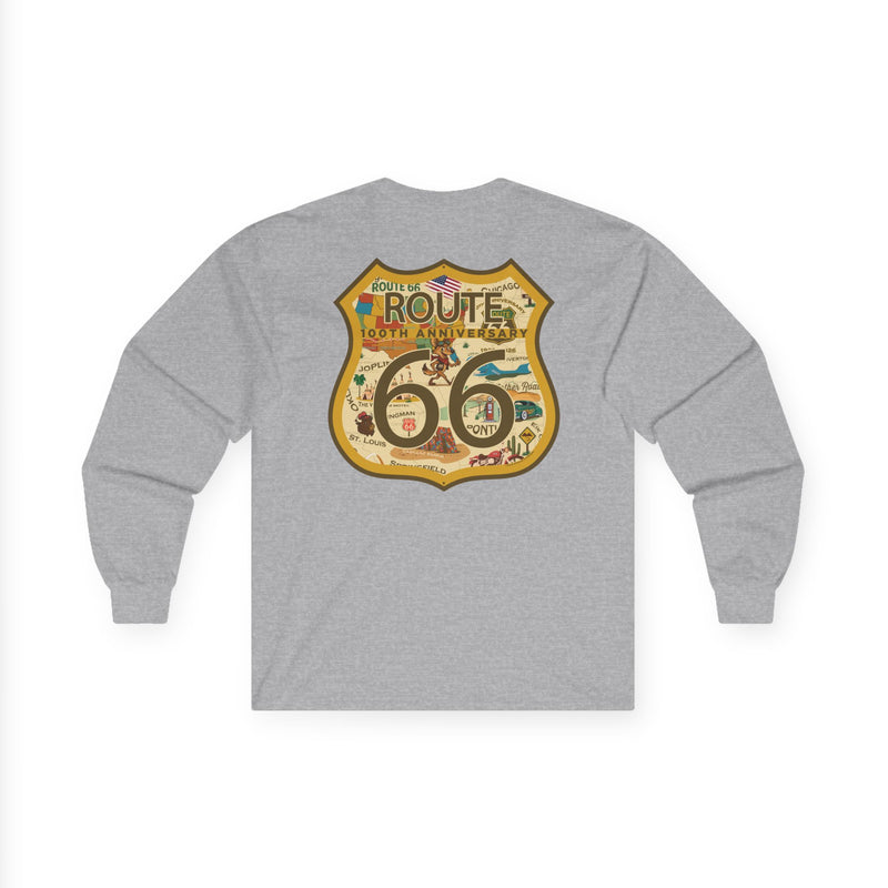 Legends of Route 66 100th Anniversary Iconic Highway Shield Design Cotton Front and Back Printed Tee - Long Sleeve