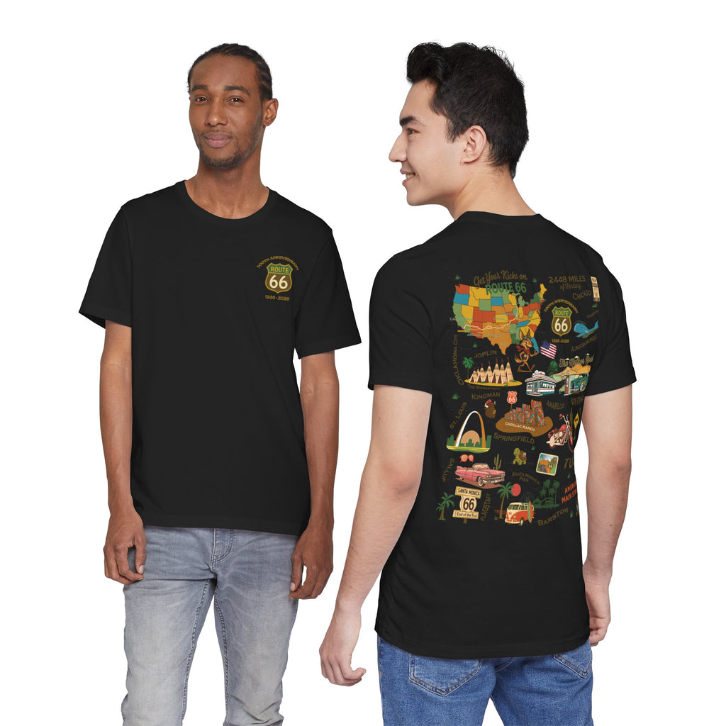 Legends of Route 66 100th Anniversary Landmark Collage Design Cotton Front and Back Printed Short Sleeve Tee