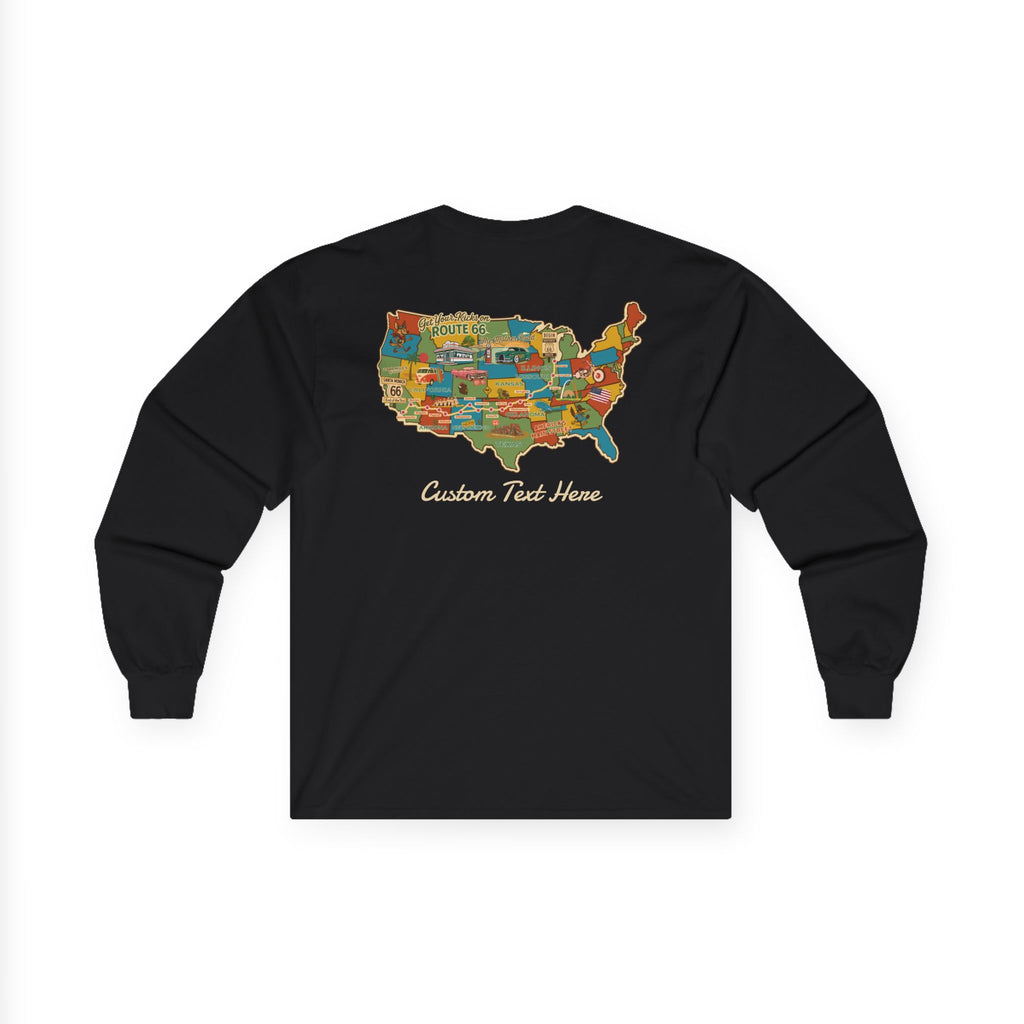 Legends of Route 66 100th Anniversary USA Map Cotton Front and Back Printed Personalized Tee- Long Sleeve