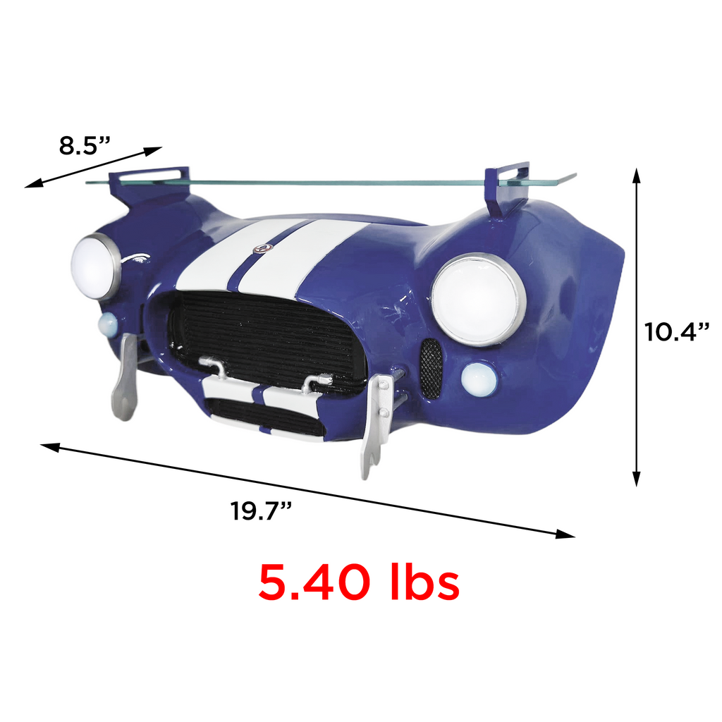 Sunbeltgifts Shelby Cobra 427 Wandregal, Blau mit weißen Streifen, 56x29x33 cm, gehärtetes Glas, batteriebetriebene LED-Scheinwerfer, Geschenk für Autoliebhaber, klassische Autodekoration, Cobra-Sammlerstück