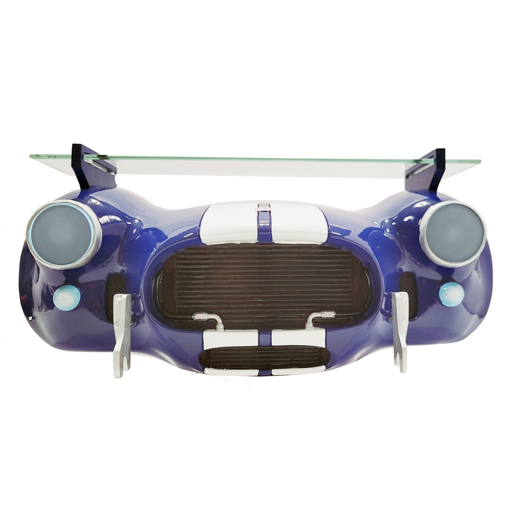 Sunbeltgifts Shelby Cobra 427 Wandregal, Blau mit weißen Streifen, 56x29x33 cm, gehärtetes Glas, batteriebetriebene LED-Scheinwerfer, Geschenk für Autoliebhaber, klassische Autodekoration, Cobra-Sammlerstück