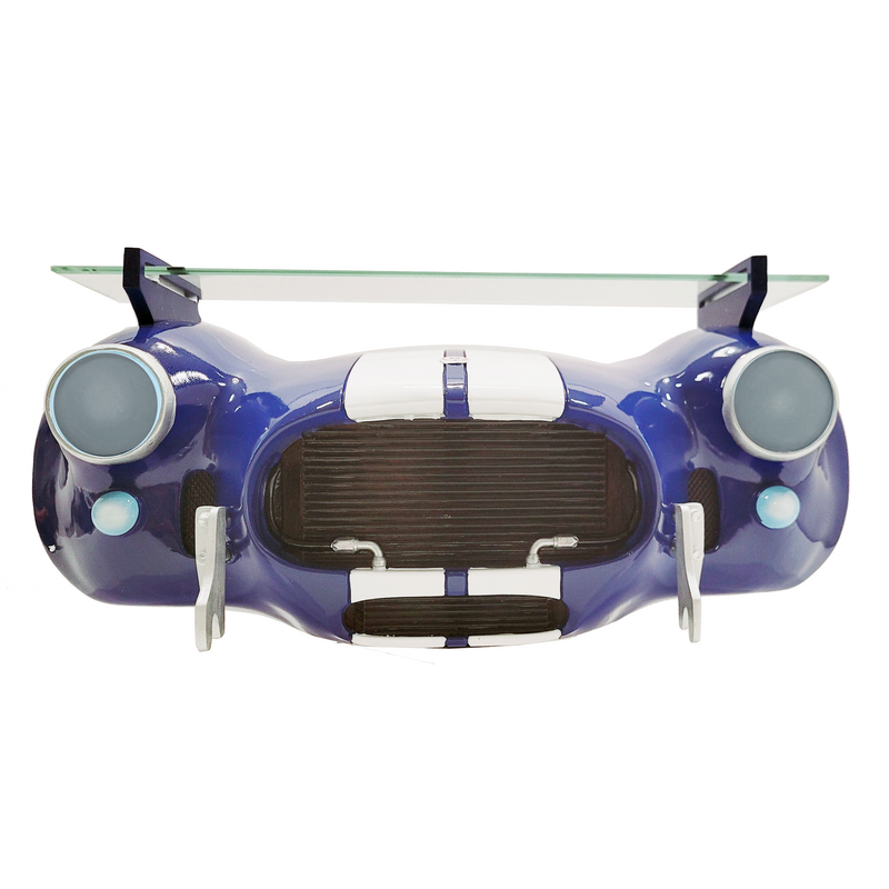 Sunbeltgifts Shelby Cobra 427 Wandregal, Blau mit weißen Streifen, 56x29x33 cm, gehärtetes Glas, batteriebetriebene LED-Scheinwerfer, Geschenk für Autoliebhaber,  Cobra-Sammlerstück