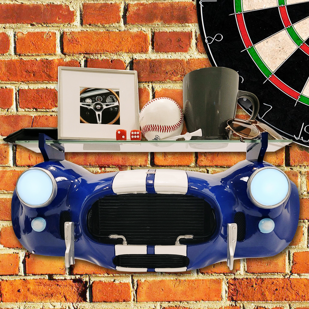 Sunbeltgifts Shelby Cobra 427 Wandregal, Blau mit weißen Streifen, 56x29x33 cm, gehärtetes Glas, batteriebetriebene LED-Scheinwerfer, Geschenk für Autoliebhaber, klassische Autodekoration, Cobra-Sammlerstück