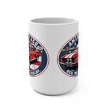 White mug with red and blue graphics of a classic car on a white background