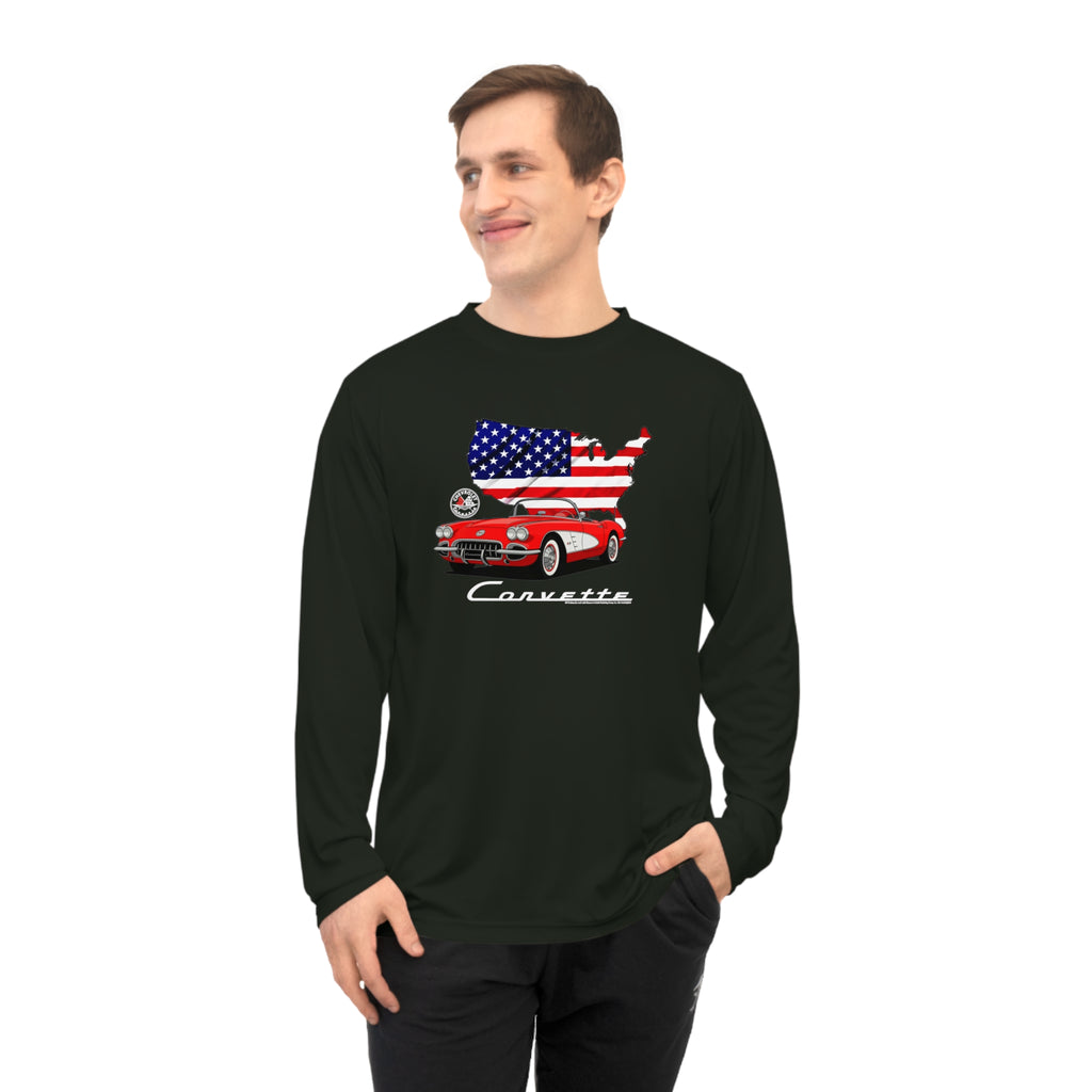 C1 Corvette American Flag Hooded Performance Long Sleeve Tee Legends of the Road – Perfect for the Corvette Fan