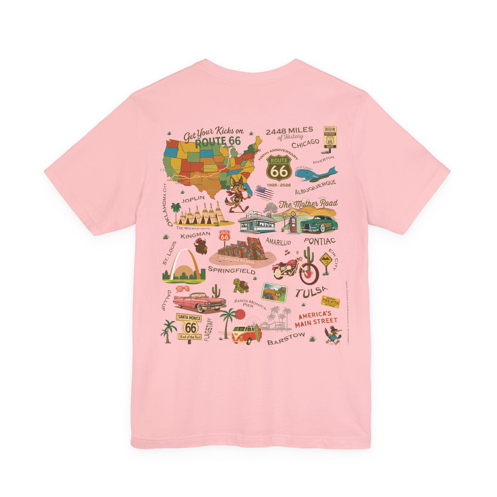 Legends of Route 66 100th Anniversary Landmark Collage Design Cotton Front and Back Printed Short Sleeve Tee