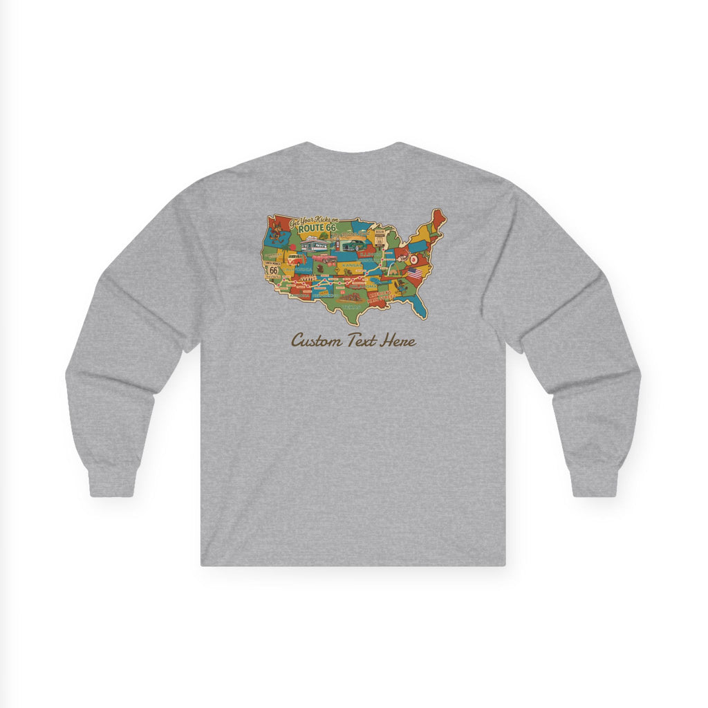 Legends of Route 66 100th Anniversary USA Map Cotton Front and Back Printed Personalized Tee- Long Sleeve