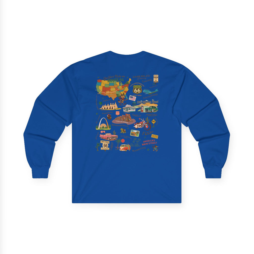 Legends of Route 66 100th Anniversary Landmark Collage Design Cotton Front and Back Printed Tee- Long Sleeve