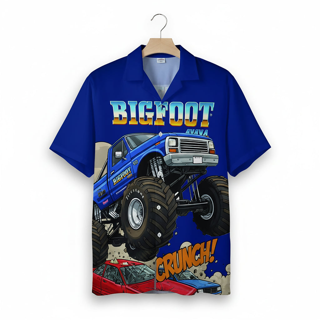 BIGFOOT 4x4 Monster Truck Hawaiian Shirt – CRUNCH! Design, Blue Short Sleeve for Men