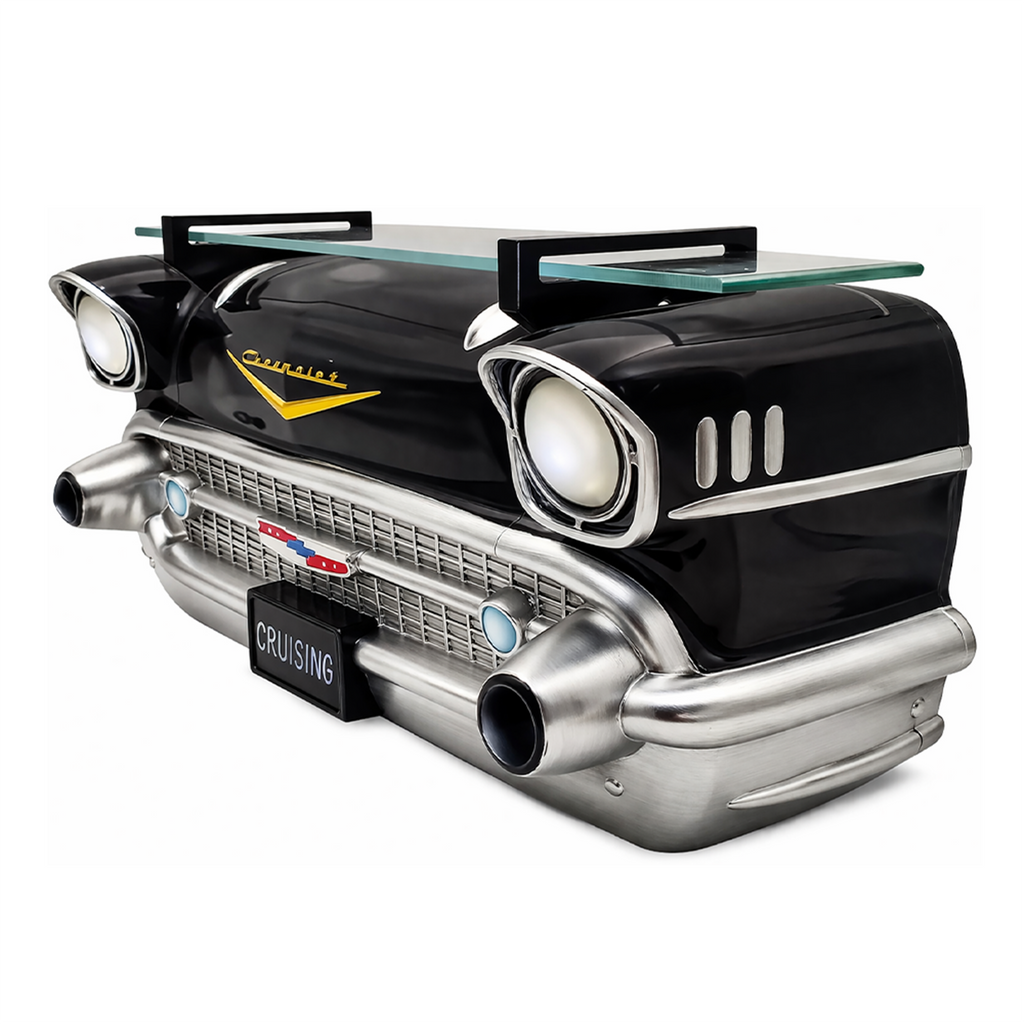 Sunbeltgifts 1957 Chevrolet Bel Air Wall Shelf, Floating Shelf, Tempered Glass, Black, 20x6.1x8 inches, Functional LED Headlights, Battery Operated, Chevy Decor, Unique Gift for Classic Car Enthusiast