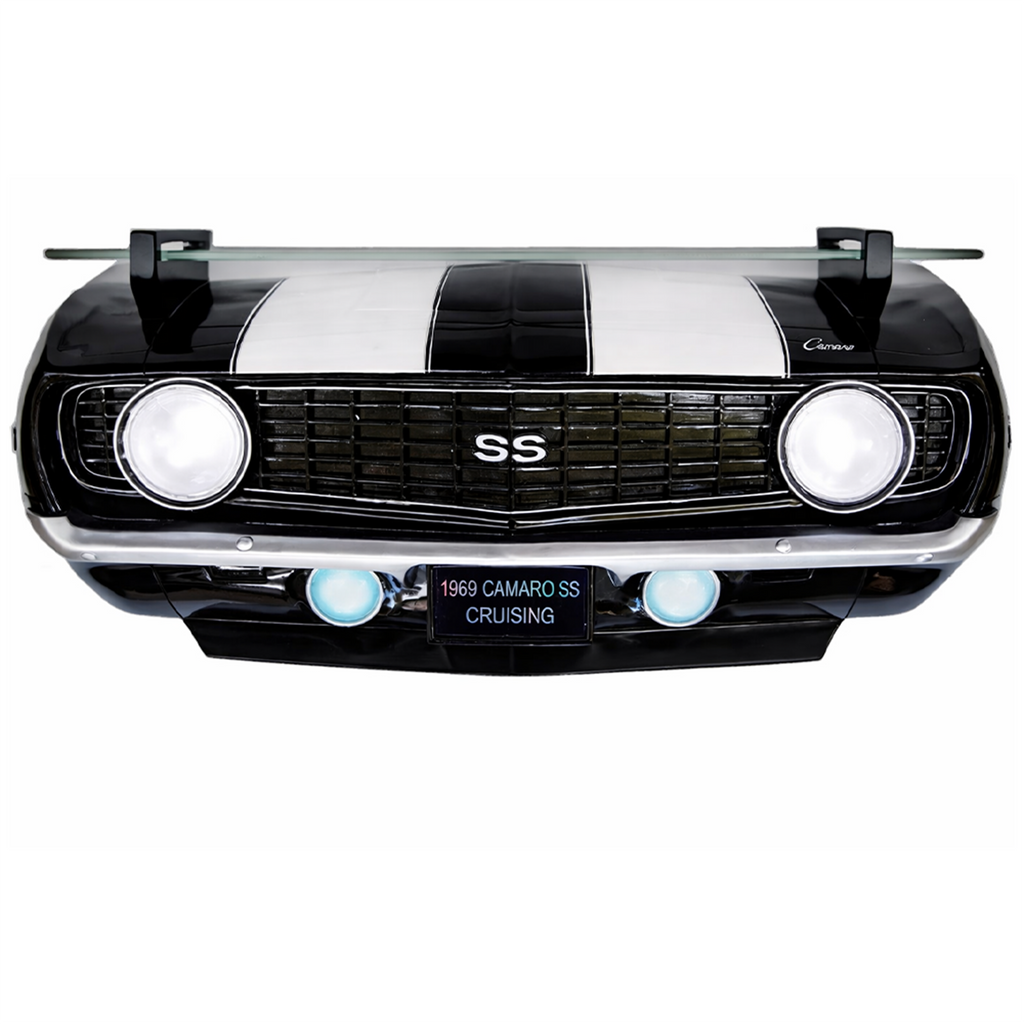 Sunbeltgifts 1969 Chevrolet Camaro SS Floating Wall Shelf, Black with White Stripes, 19.5x6x8 inches, Tempered Glass, Battery Powered LED Headlights, Chevy Car Lovers Decor, Muscle Car Fan Gift Idea