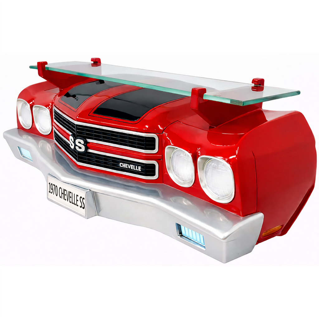 Sunbeltgifts 1970 Chevy Chevelle SS Floating Wall Shelf, Red with Black Stripes, LED Headlights, 19.5 x 6.7 x 6.7 inches, Tempered Glass, Classic Car Decor, Man Cave, Gifts for Car Enthusiasts