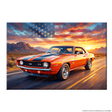 Camaro Z28 Orange and Black Americana Highway American Flag Canvas Wall Art