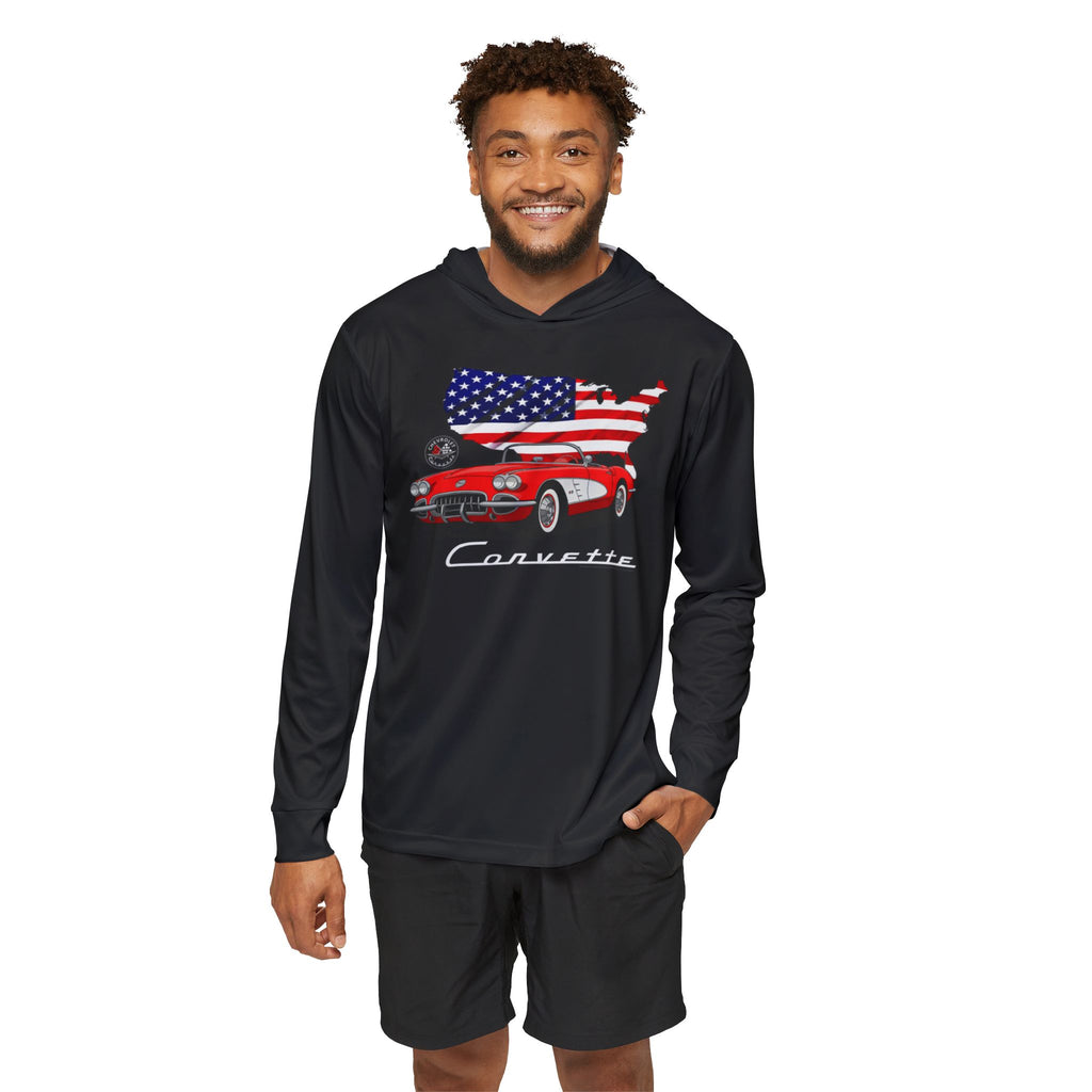 C1 Corvette American Flag Hooded Performance Long Sleeve Tee – Legends of the Road, Perfect for the Corvette Fan