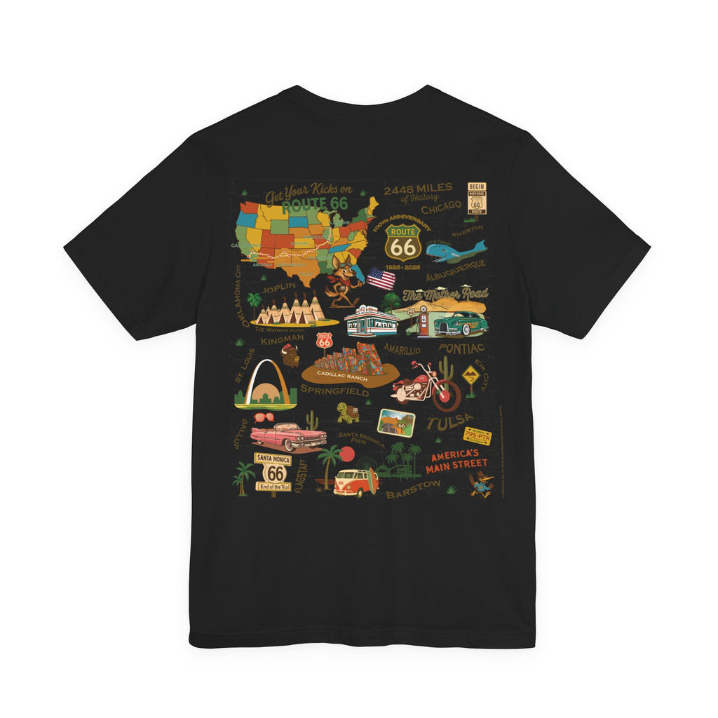 Legends of Route 66 100th Anniversary Landmark Collage Design Cotton Front and Back Printed Short Sleeve Tee