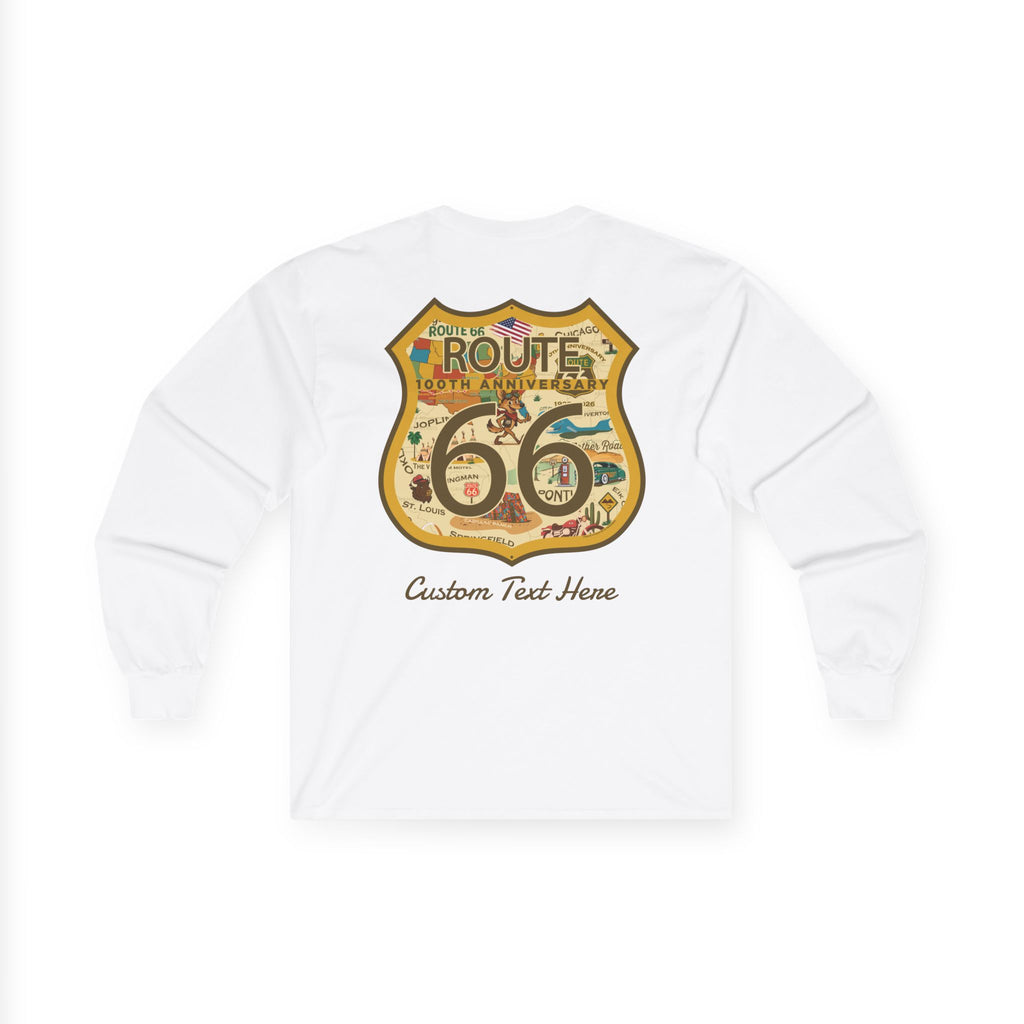 Legends of Route 66 100th Anniversary Iconic Highway Shield Design Cotton Front and Back Printed Personalized Tee- Long Sleeve