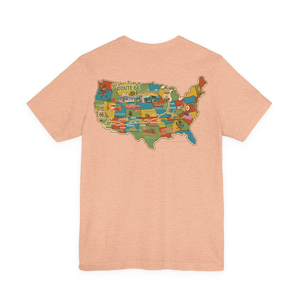 Legends of Route 66 100th Anniversary Landmark Map Design Cotton Front and Back Printed Short Sleeve Tee