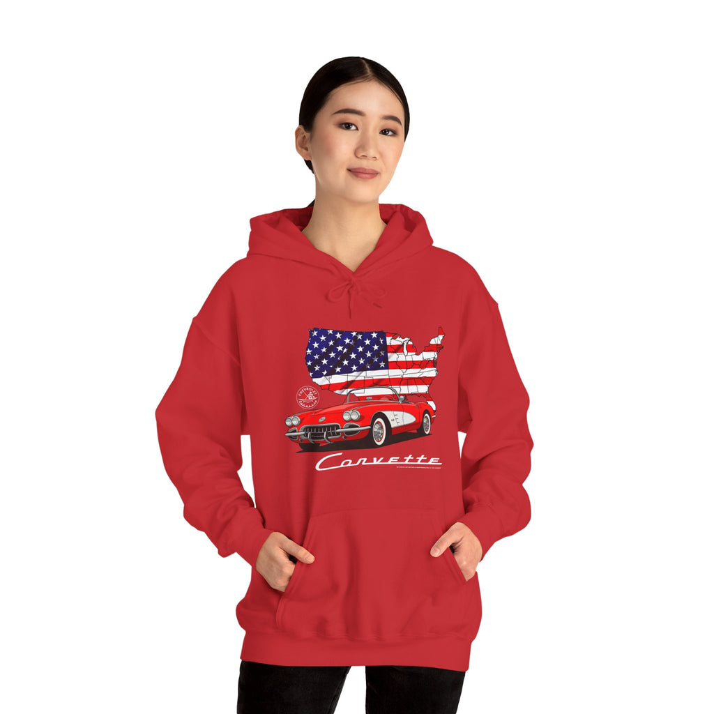 C1 Corvette American Flag Cotton Blend Hooded Sweatshirt – Legends of the Road, Perfect for the Corvette Fan