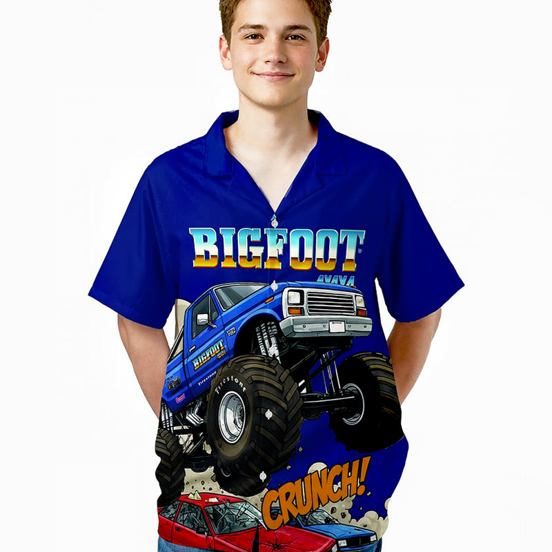 BIGFOOT 4x4 Monster Truck Hawaiian Shirt – CRUNCH! Design, Blue Short Sleeve for Men