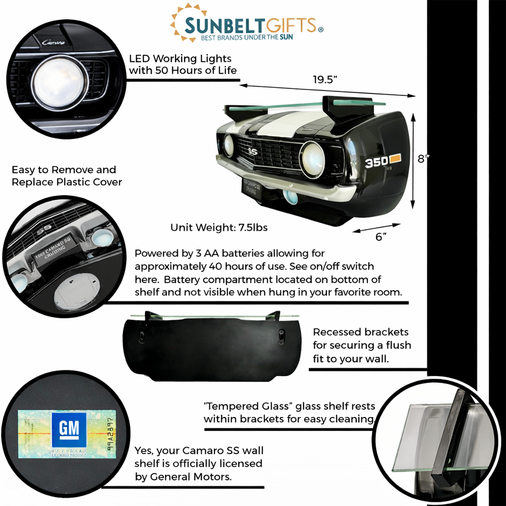 Sunbeltgifts 1969 Chevrolet Camaro SS Floating Wall Shelf, Black with White Stripes, 19.5x6x8 inches, Tempered Glass, Battery Powered LED Headlights, Chevy Car Lovers Decor, Muscle Car Fan Gift Idea
