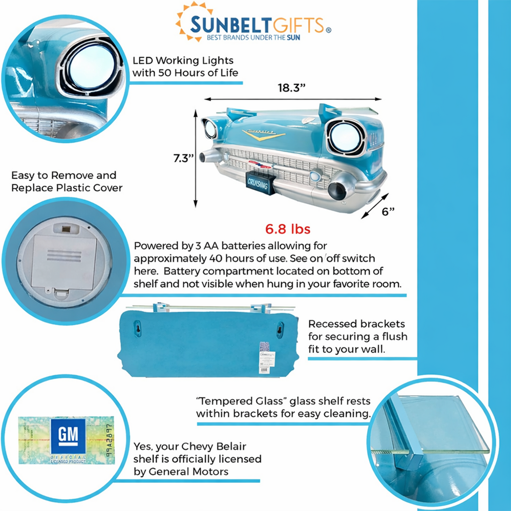 1957 Chevy Bel Air Wall Shelf, Floating Shelf, Turquoise 20x6.1x8 inches, Tempered Glass, LED Headlights, Battery Operated, Classic Car Wall Decor, Novelty Gift, Gift Idea for Car Fans