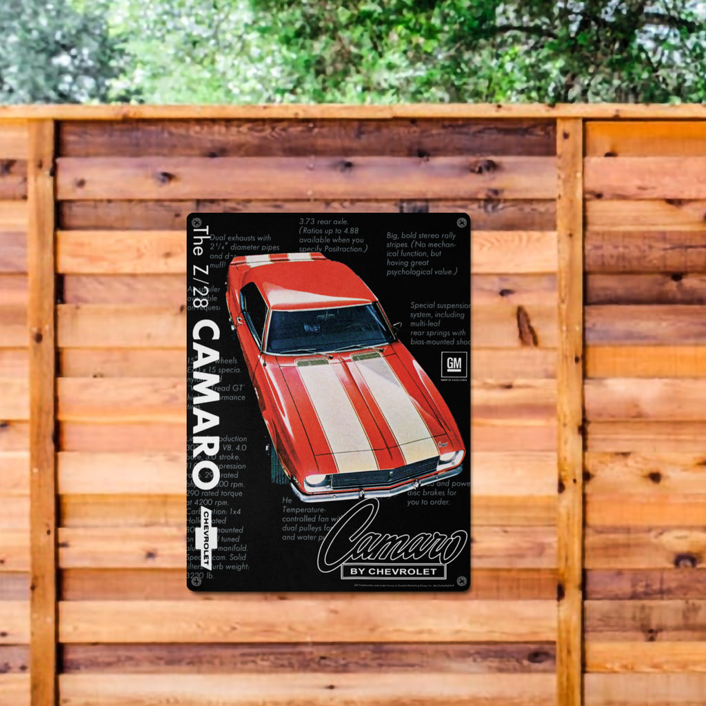 Chevrolet Camaro Z28 Red with White Stripes 16 x 12 inch Tin Sign – Classic Vintage Car Wall Art, Classic Muscle Car Decor for Garage, Man Cave, Bar, or Home