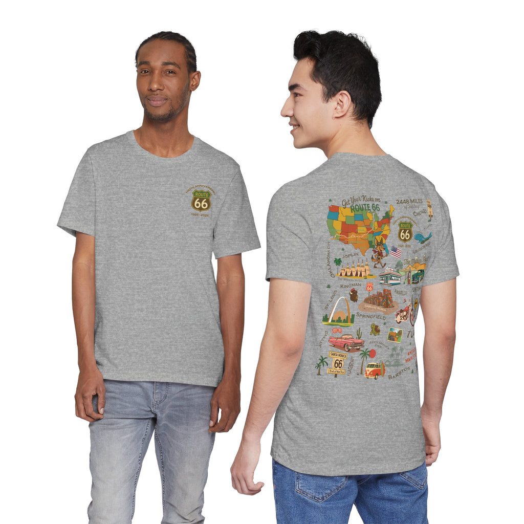 Legends of Route 66 100th Anniversary Landmark Collage Design Cotton Front and Back Printed Short Sleeve Tee