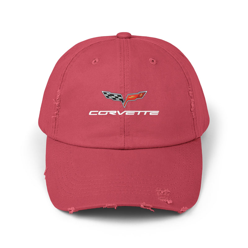 Corvette C6 Flag Logo Distressed Cap, One size adjustable hideaway strap.
