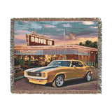 1969 Camaro Drive in Diner Scene by Renowned Artist Greg Giordano,  100% Cotton Woven Tapestry Blanket with Fringe,  50 x 60 inches, Made in the USA