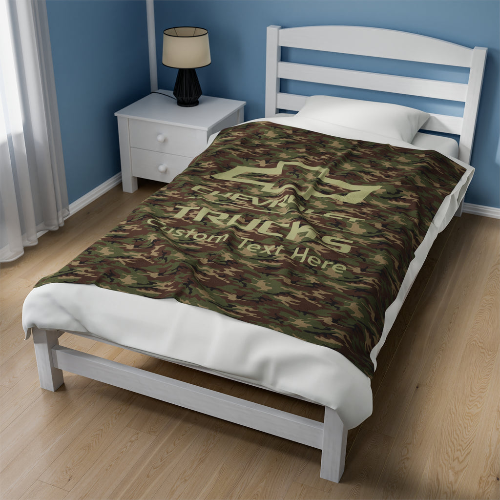 Personalized Chevrolet Trucks Bowtie Camo Velveteen Plush Blanket, Ultra-Soft Medium-Weight 50x60" Blanket with High-Detail One-Sided Print, Ideal Gift for Chevy Truck Enthusiasts, Cozy Home Decor