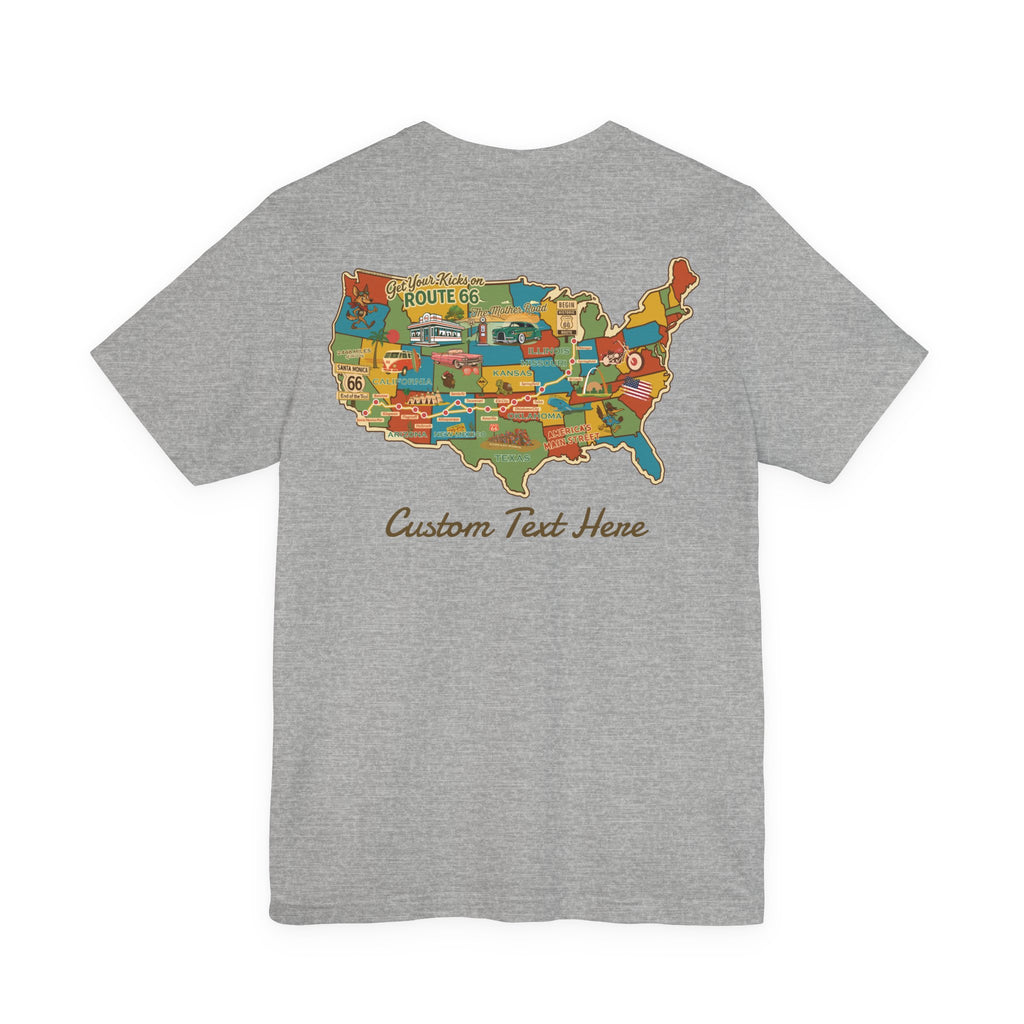 Legends of Route 66 100th Anniversary Landmark Map Design Cotton Front and Back Printed Personalized Short Sleeve Tee