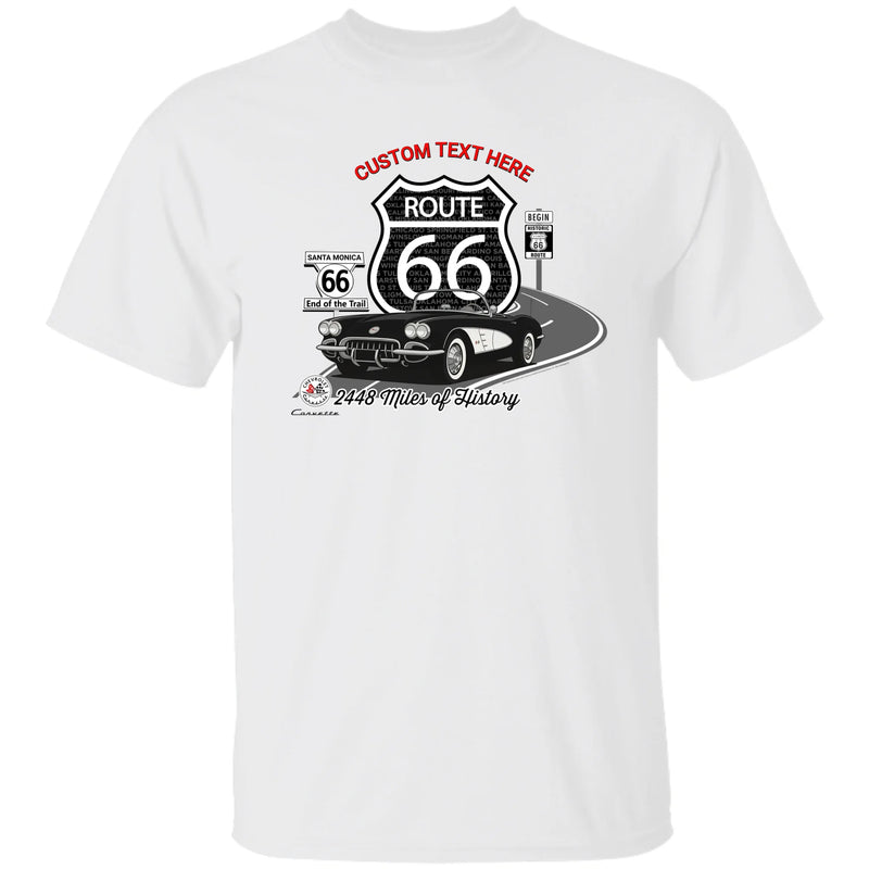 Personalized C1 Corvette Route 66 100th Anniversary Tee – Custom Text & Car Color Graphic Shirt