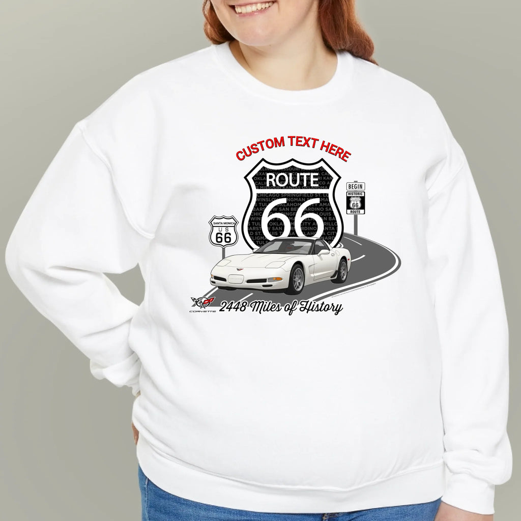 Personalized C5 Corvette Route 66 100th Anniversary Sweatshirt – Custom Text & Car Color Graphic Sweatshirt