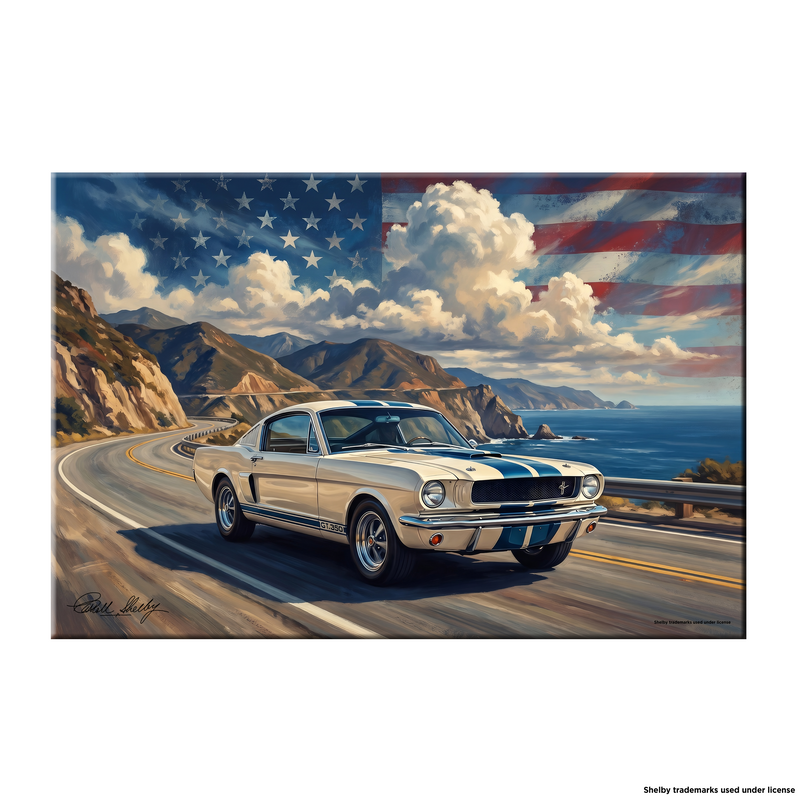 Carroll Shelby White GT350 Sports Coupe Coastal Highway American Flag Canvas Wall Art