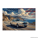Carroll Shelby White GT350 Sports Coupe Coastal Highway American Flag Canvas Wall Art