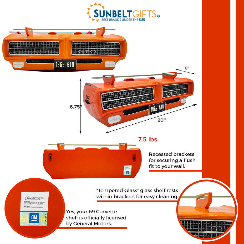 Sunbeltgifts 1969 Pontiac GTO Judge Floating Wall Shelf, Orange, 20 x6.75x6 inches, Tempered Glass, Car Lover Gift, Man Cave Garage Decor, Classic Car Fans, Vintage Auto Collectible