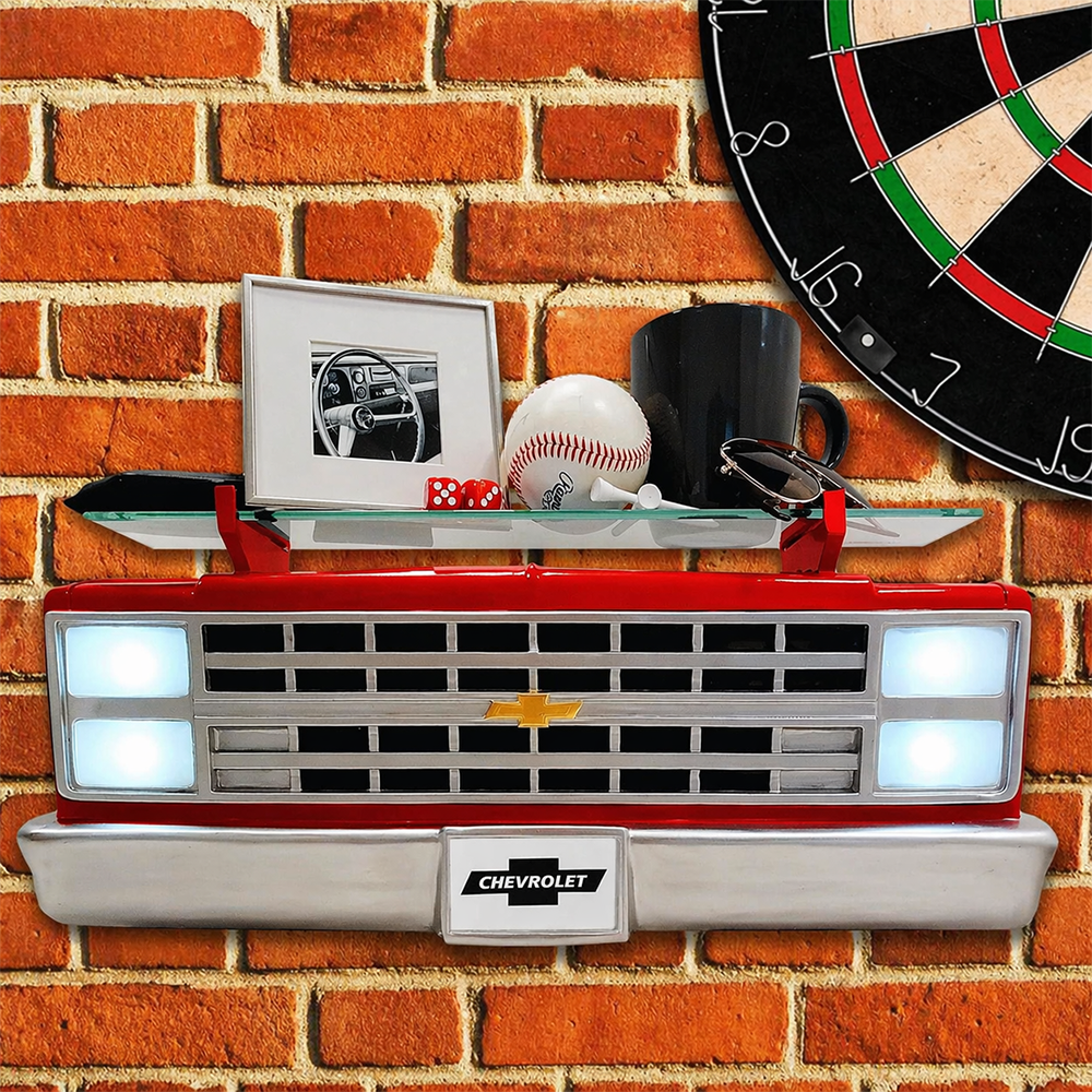 Sunbeltgifts 1985 Chevrolet C10 Truck Wall Shelf, Red, 19.30x5.70x8.10 inches, Tempered Glass, Battery Powered LED Headlights, Car Enthusiast Gift, Classic Truck Decor, Chevy Collector Item