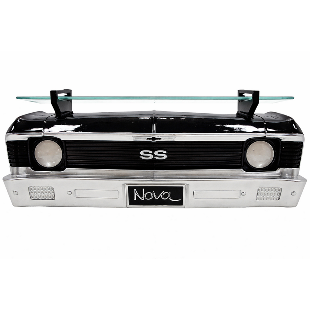 Sunbeltgifts Chevrolet Nova SS Floating Wall Shelf, Black, 19.3x6.3x6.9 inches, Tempered Glass, Battery Powered LED Headlights, Chevy Enthusiast Gift, Gifts Idea, Car Lover’s Decor, Nova Collector