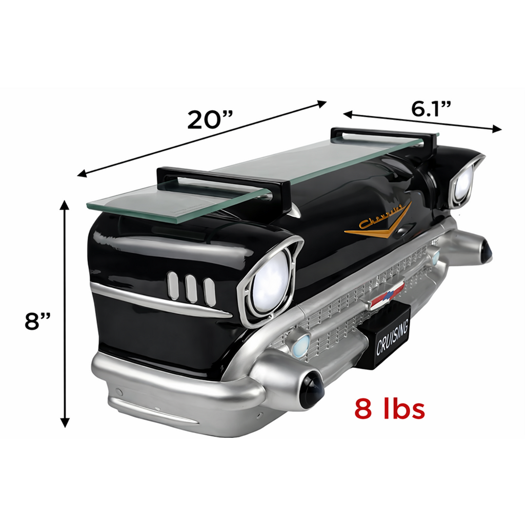 Sunbeltgifts 1957 Chevrolet Bel Air Wall Shelf, Floating Shelf, Tempered Glass, Black, 20x6.1x8 inches, Functional LED Headlights, Battery Operated, Chevy Decor, Unique Gift for Classic Car Enthusiast