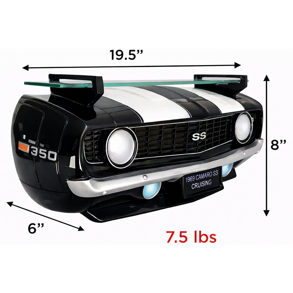 Sunbeltgifts 1969 Chevrolet Camaro SS Floating Wall Shelf, Black with White Stripes, 19.5x6x8 inches, Tempered Glass, Battery Powered LED Headlights, Chevy Car Lovers Decor, Muscle Car Fan Gift Idea