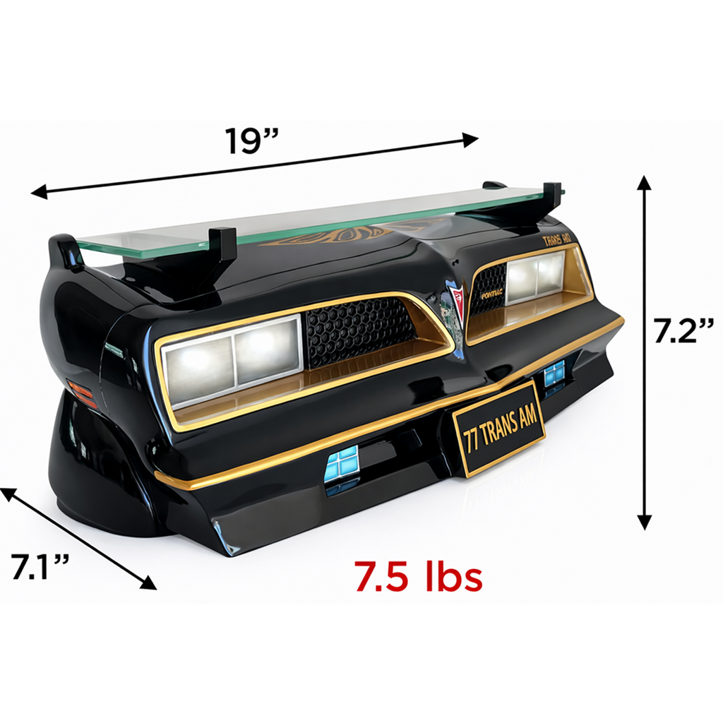 Sunbeltgifts 1977 SE Pontiac Trans AM Wall Floating Shelf, Black and Golds, 19x7.1x7.2 inches, Tempered Glass, Battery Powered LED Headlights, Car Enthusiast Gift, Classic Car Decor, Pontiac Collector