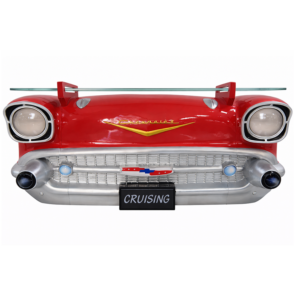 Sunbeltgifts 1957 Chevy Bel Air Wall Shelf, Floating Shelf, Red, 20x6.1x8 inches, Tempered Glass, LED Headlights, Battery Operated, Classic Car Wall Decor, Novelty Gift, Gift Idea for Car Fans
