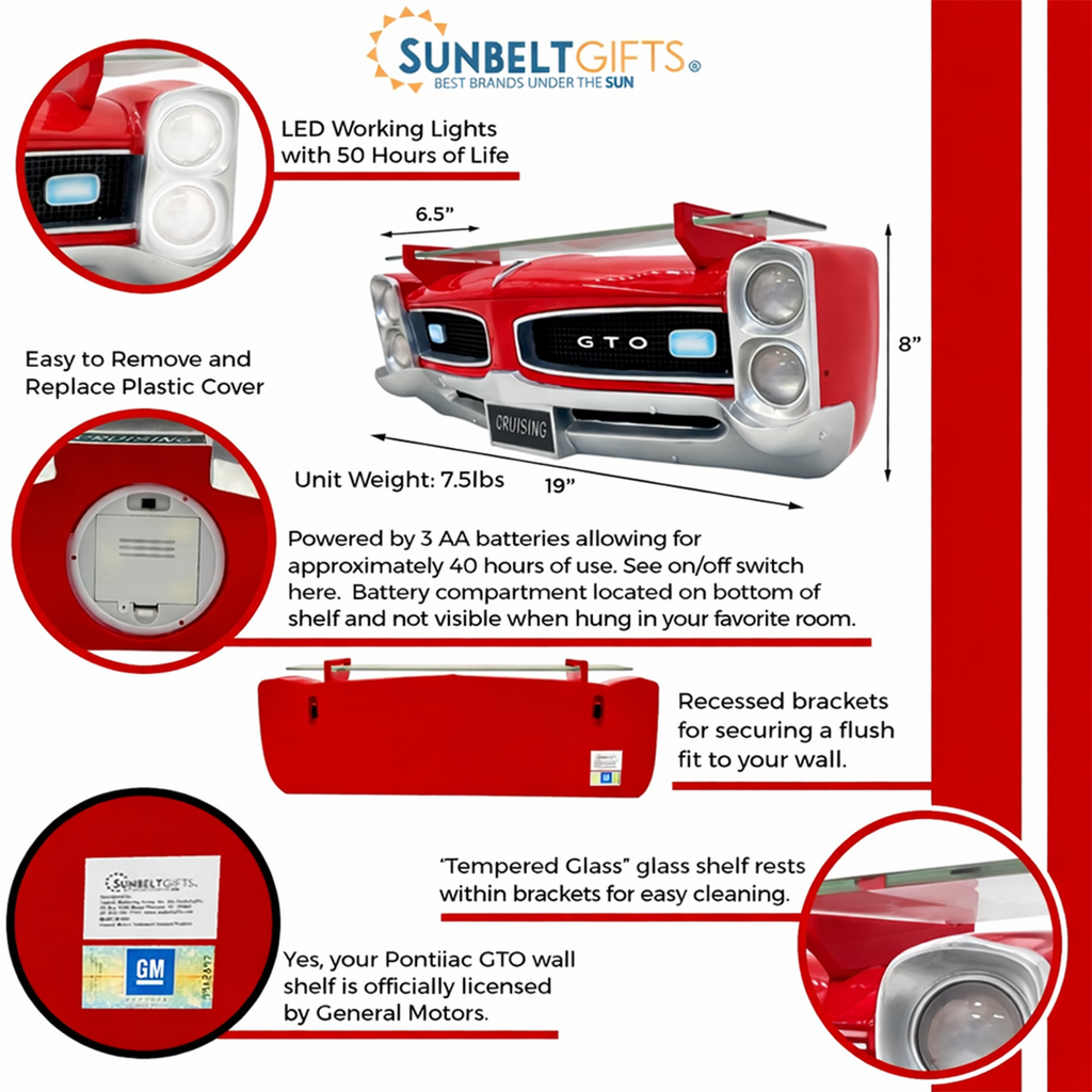 Sunbeltgifts 1966 Pontiac GTO Floating Wall Shelf, Red, 19.5x6.5x8 inches, Tempered Glass, Battery Operated LED Headlights, GTO fans, Gift for Vintage Car Enthusiasts, Man Cave Decor, Automotive Decor