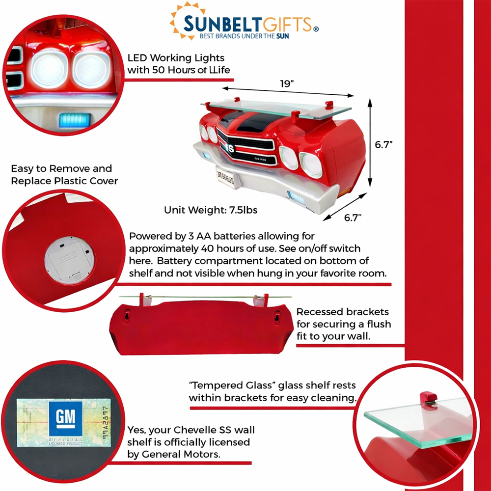 Sunbeltgifts 1970 Chevy Chevelle SS Floating Wall Shelf, Red with Black Stripes, LED Headlights, 19.5 x 6.7 x 6.7 inches, Tempered Glass, Classic Car Decor, Man Cave, Gifts for Car Enthusiasts
