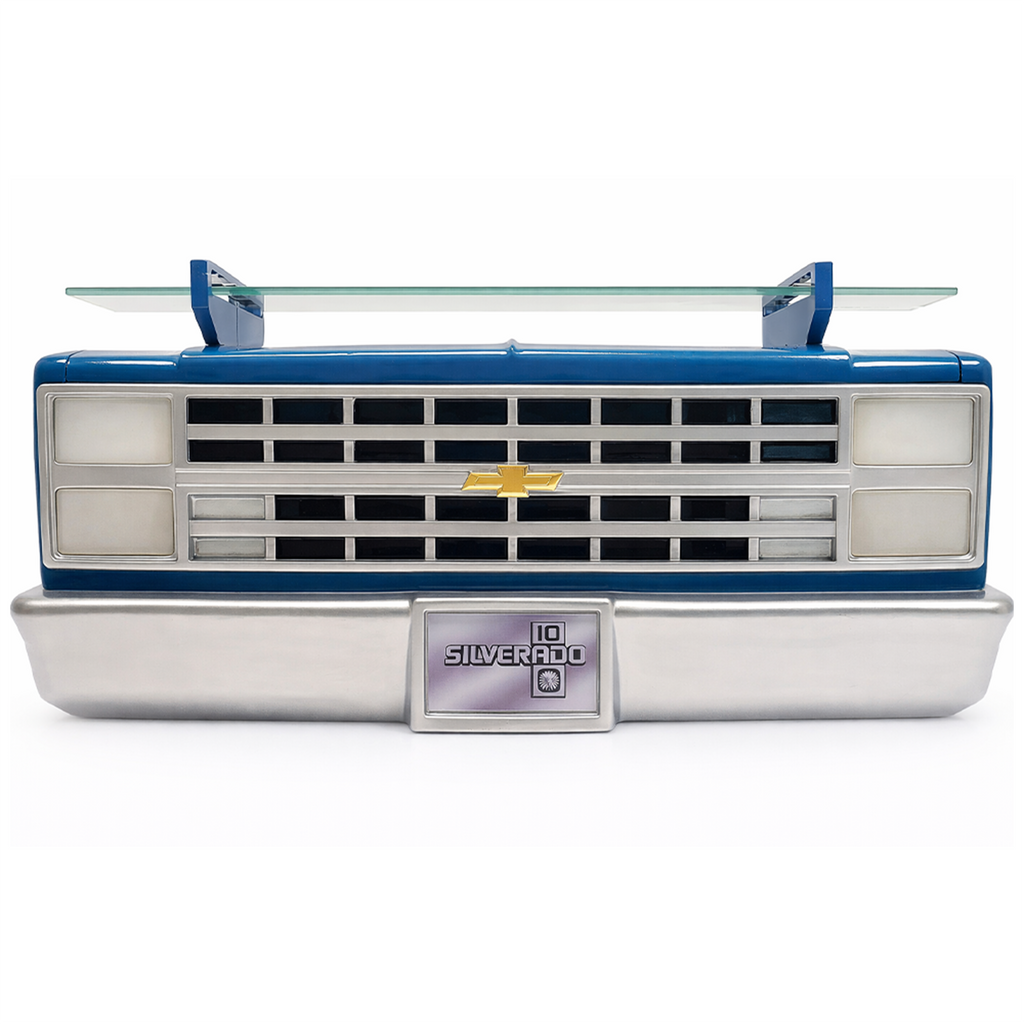 Sunbeltgifts 1985 Chevrolet C10 Truck Wall Shelf, Skyline Blue, 19.30x5.70x8.10 inches, Tempered Glass, Battery Powered LED Headlights, Car Enthusiast Gift, Classic Truck Decor, Chevy Collector Item
