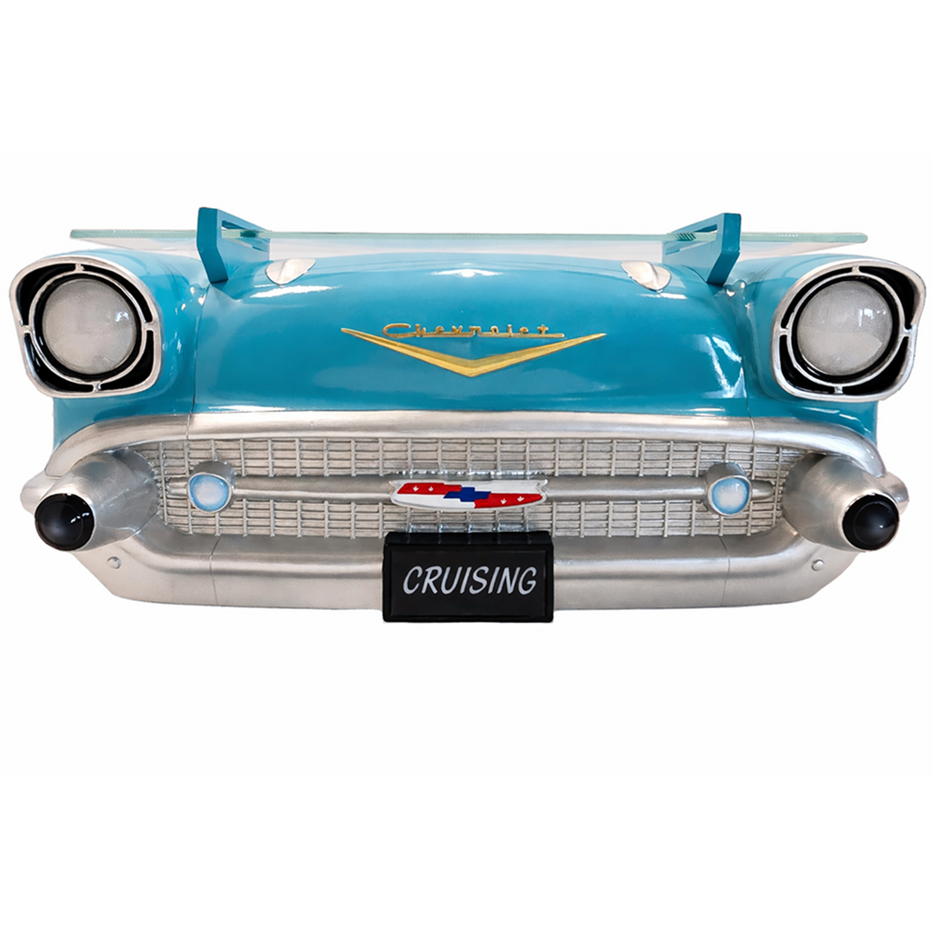 1957 Chevy Bel Air Wall Shelf, Floating Shelf, Turquoise 20x6.1x8 inches, Tempered Glass, LED Headlights, Battery Operated, Classic Car Wall Decor, Novelty Gift, Gift Idea for Car Fans