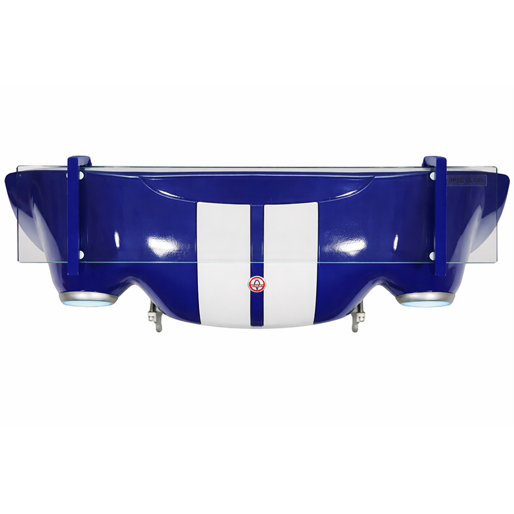Sunbeltgifts Shelby Cobra 427 Wall Shelf, Blue with White Stripes, 19.70x8.50x10.4 inches, Tempered Glass, Battery Powered LED Headlights, Car Lover Gift, Classic Auto Decor, Cobra Collectible