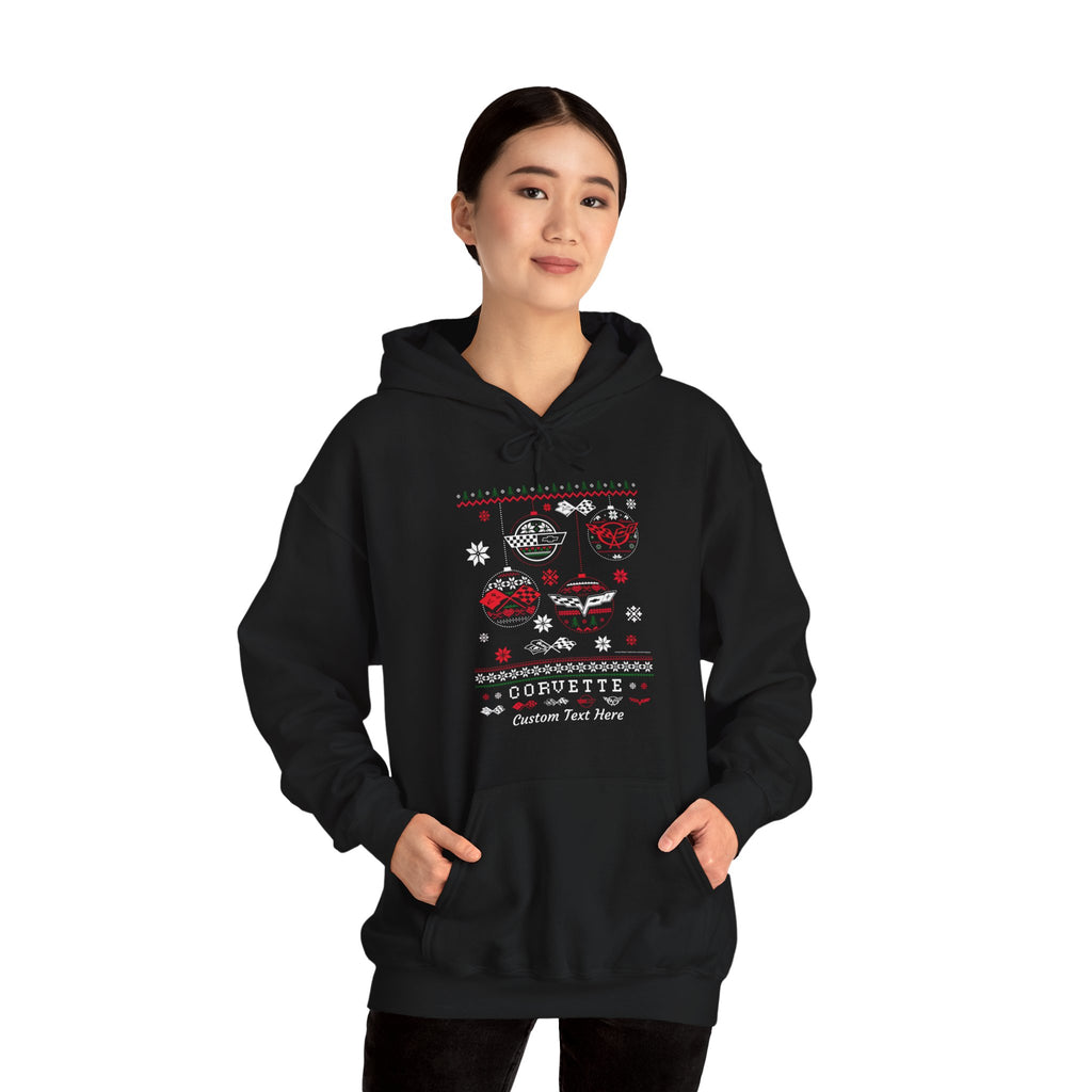 Personalized Corvette Ugly Christmas Sweater Hooded Sweatshirt, Cotton-Blend Hoodie, Featuring C1-C6 Flag Logos, Gift Idea