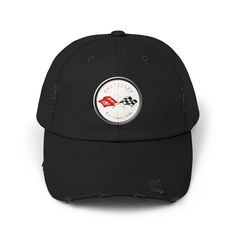 Corvette C1 Flag Logo Distressed Cap, One size adjustable hideaway strap.