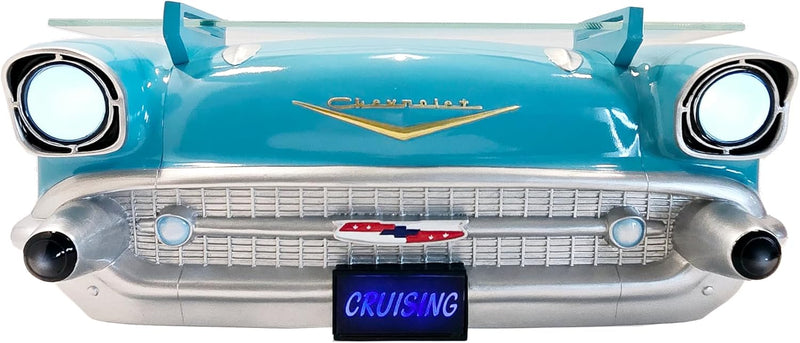 1957 Chevy Bel Air Wall Shelf, Floating Shelf, Turquoise 20x6.1x8 inches, Tempered Glass, LED Headlights, Battery Operated, Classic Car Wall Decor, Novelty Gift, Gift Idea for Car Fans